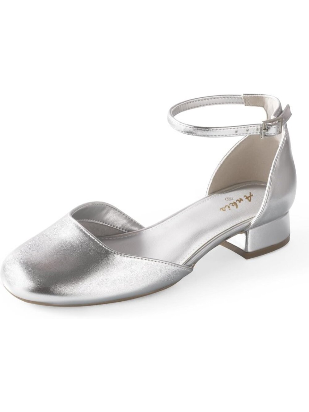 〽️Women's Silver Pu Closed Toe 1 Inch Flats Low Block Heels Ankle Strap Shoes